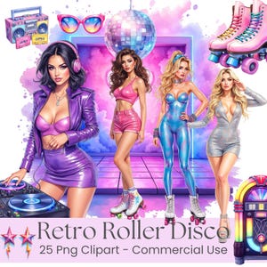Może przedstawiać: Cyfrowa ilustracja w stylu retro roller disco. Obraz przedstawia kobiety w żywych strojach, rolkach, kulę dyskotekową i boombox. Tekst brzmi "Retro Roller Disco" i "25 Png Clipart - Commercial Use".
