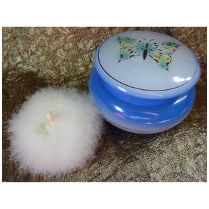 Vintage 1930s/30s Butterfly Glass POWDER POT & PUFF Swansdown Boudoir Beauty