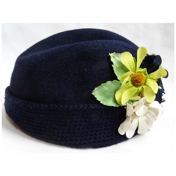 Vintage 1940s/40s 1950s/50s Navy Floral Felt HAT M