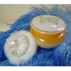Vintage 1930s/30s Butterfly Glass POWDER POT & PUFF Swansdown Boudoir Beauty