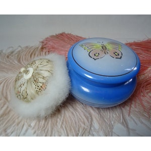 Vintage 1930s/30s Butterfly Glass POWDER POT & PUFF Swansdown Boudoir Beauty