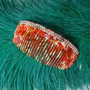 Vintage 1940s/40s 1950s/50s Marbled Orange Plastic PASTE HAIR COMB Wedding Diamontes