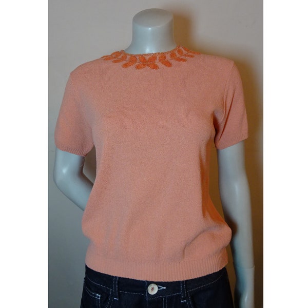 Vintage 1950s/50s Neckline PEACH SWEATER/JUMPER Short Sleeve