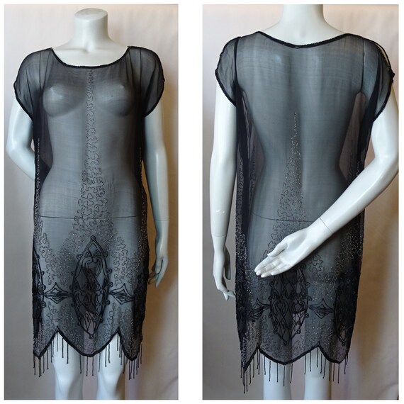 Vintage 1920s/20s 1930s/30s BEADED CHIFFON DRESS F