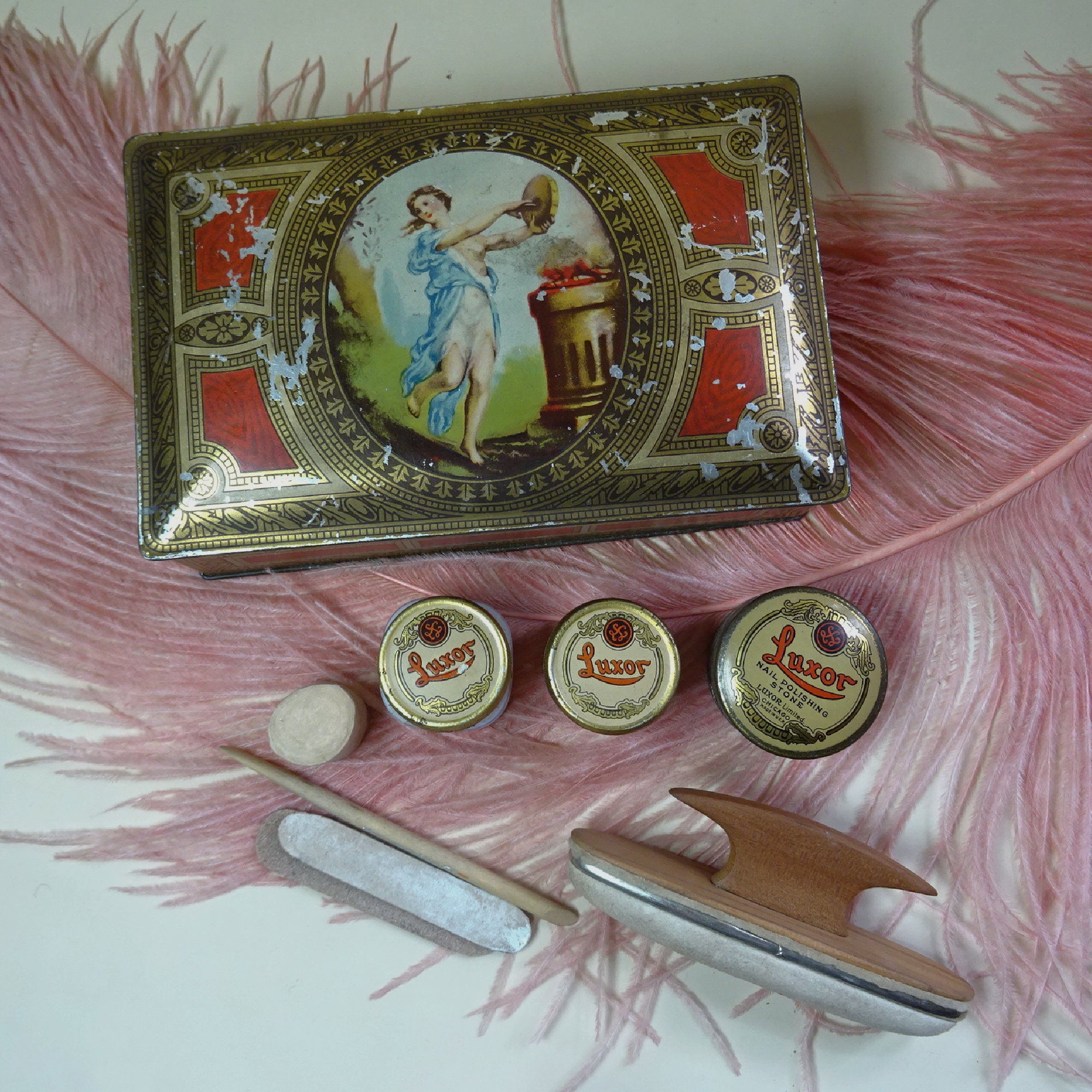 Vintage raro anni '20/'20 Luxor SET MANICURE e confezione in latta Boudoir