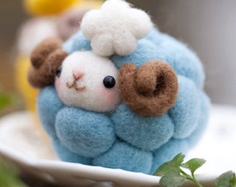 Wool Needlecraft Needlepoint Needle Felted Felting Cute Animal Kit Handmade Starter Animation Animate Cartoon Character, Lucky Sheep (Blue)