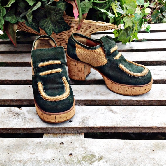 60's SUPER FUNKY PLATFORM Shoes,Green suede,cork ,