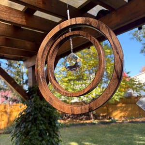 Double Framed Crystal Suncatcher: Dark Walnut Oak Window Decor