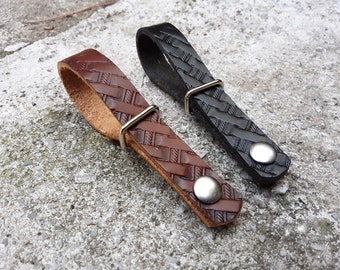 Basket Stamped Leather Guitar Strap Adapter Leather Banjo Strap Adapter. Perfect for Guitar, Banjo, Mandolin. Made in the USA real Leather