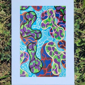 May include: Abstract art print featuring a colorful pattern of overlapping organic shapes in shades of green, purple, blue, red, and white.