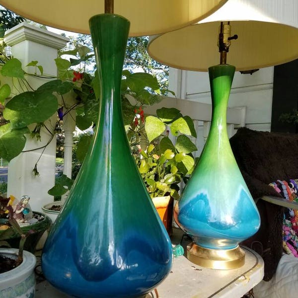 Vintage mid century modern set of lamps blue green shades