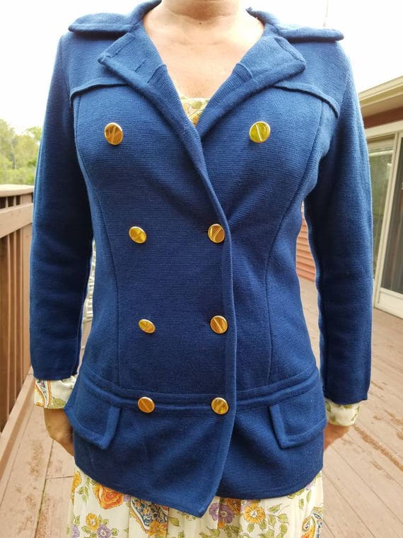 Vintage womens jacket royal blue wool gold buttons