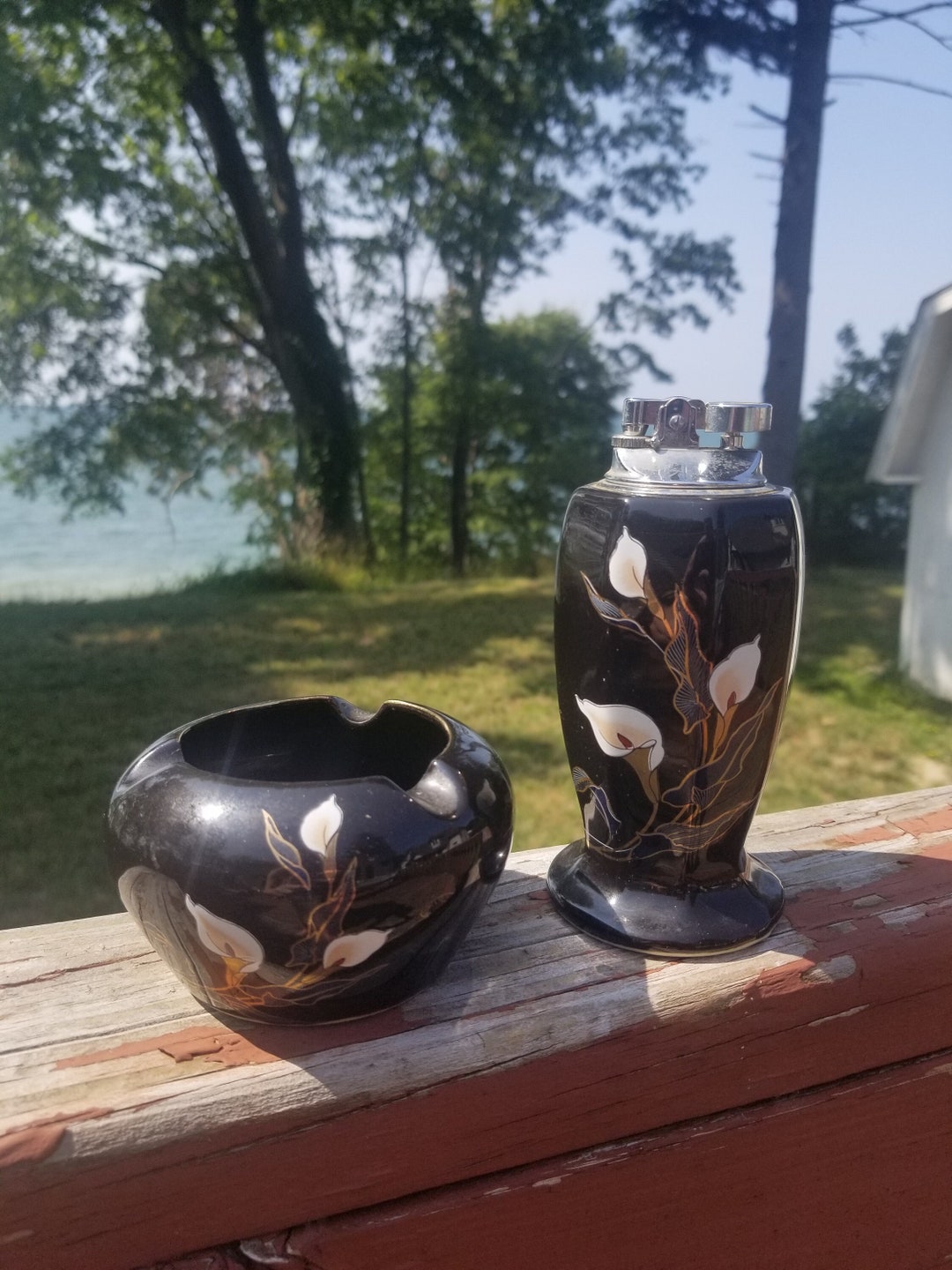 Calla Lily Table Lighter and Ashtray Set Made in Japan Etsy