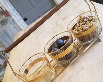 Mid century modern glass snack set gold metal and wood culver ice bucket MCM drinkware gold painted glass modern glass