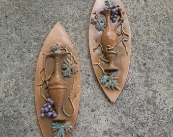 Set of 2 Vintage Chalkware Plaques Vase Vine and Grapes