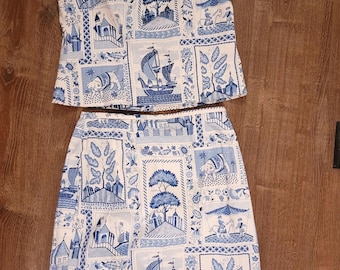 Two peice set, blue and white, skirt, beading,