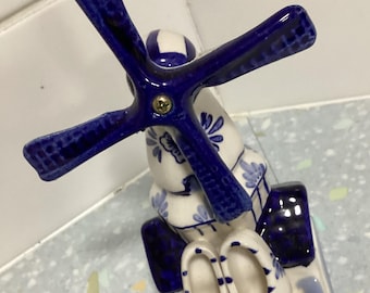Delftware blue and white spinning windmill vintage