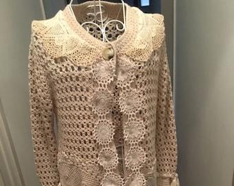 Beige crochet cardigan,art to wear  upcycled crochet cardigan, womens cardigan, cotton crochet recycled, free shipping