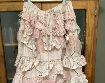Boho Magnolia style pale pink cotton skirt, ruffled layered doily skirt, fits waist 28-52 inches, free shipping  worldwide
