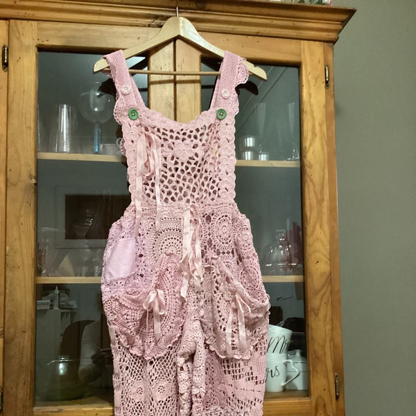 Pink Magnolia Pearlcompatable crochet overalls,  adjustable shoulder strap, fits up to 44 inch waist, free shipping