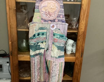 Multicolour patchwork Kantha quilt Magnolia Rose overalls adjustable straps, distressed, size M/L, free shipping