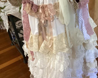 White magnolia rose boho chic tattered layered ruffled wedding skirt, fits up to 55” waist, free shipping