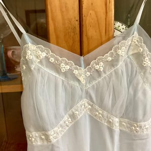 May include: A light blue sheer slip with white lace trim. The lace trim features a delicate floral pattern.