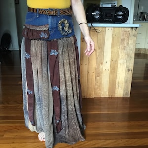 Brown sari silk skirt, denim and silk skirt, upcycled skirt, recycled denim and silk, boho wedding skirt, art to wear, maxi silk skirt