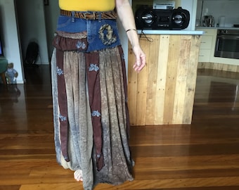 Geüpcycled maxirok van bruine zijde en denim, magnoliarose, gratis verzending