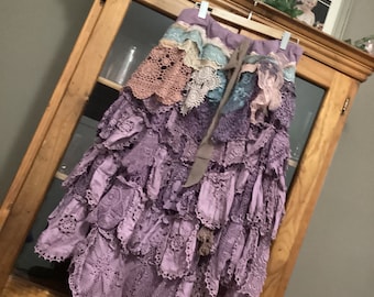 Purple magnolia rose boho chic  tattered  ruffled  layered skirt woodland wedding skirt, free shipping