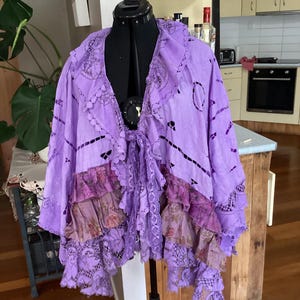 Purple embroidered cutwork magnolia rose art to wear cotton jacket, lots of ruffles, bust measurements up to 66” free shipping