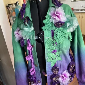 Purple green ombré hand dyed denim jacket, Magnolia Rose embellished  Upcycled art to wear , OOAK jacket, fits bust 44”, free shipping