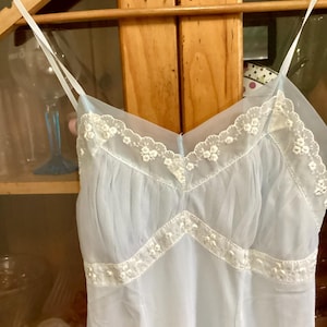 May include: A light blue, sheer slip with white lace trim. The lace trim features a delicate floral pattern.