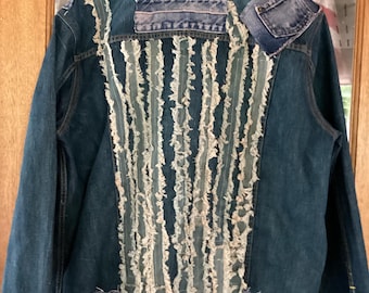 Unisex Denim jacket, patchwork Upcycled  Magnolia Rose jacket, plus size free shipping