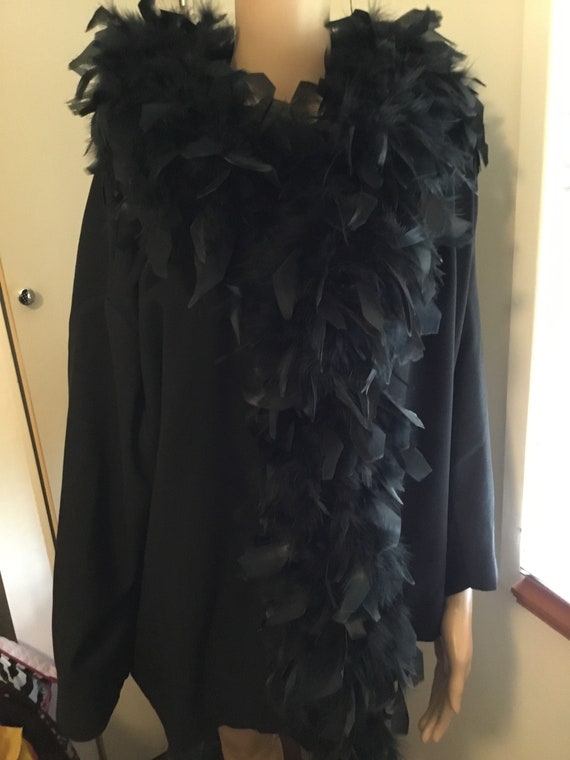 Vintage 70s black crepe jacket, black marabou trim