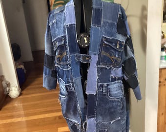 Unisex Denim patchwork Upcycled jacket, Magnolia Rose fits bust/chest up to 50”, free shipping