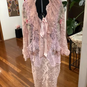 Boho crochet duster, Magnolia Rose  pale pink ruffled , appliqued, hand dyed Upcycled jacket, up to 58” bust, free shipping