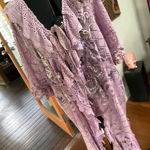 Pale Lavender Magnolia Rose crochet jacket, wedding jacket, beaded lace trims and crochet trims,  up to 56 inch bust, free shipping