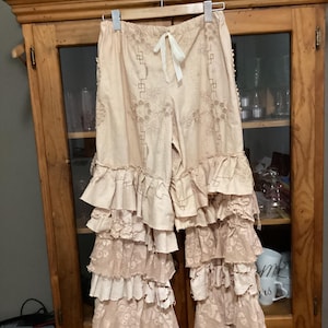 Beige magnolia rose embroidered cotton and lace ruffled bloomers, pantaloons, size small/medium, free shipping