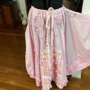 Pale pink magnolia rose boho chic  tattered  ruffled cotton and lace wedding skirt, fits waist up to  55”, free shipping