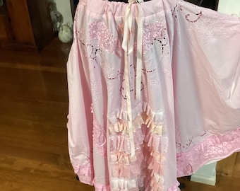 Pale pink magnolia rose boho chic  tattered  ruffled cotton and lace wedding skirt, fits waist up to  55”, free shipping