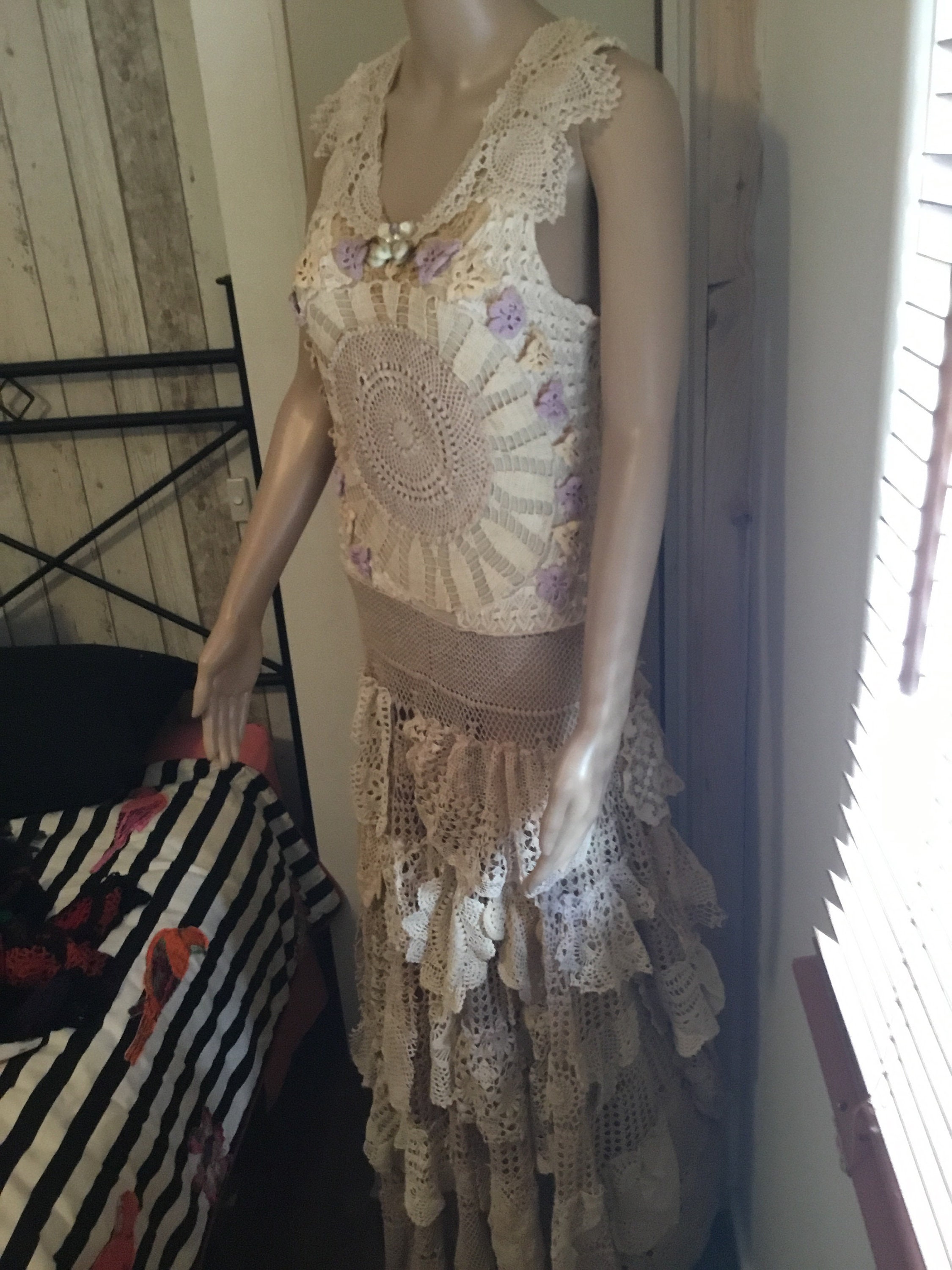 Vintage doilie dress beige crochet doilies wedding dress Etsy