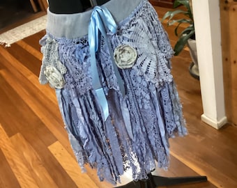 Blue magnolia rose boho chic tattered  cotton and lace skirt, free shipping
