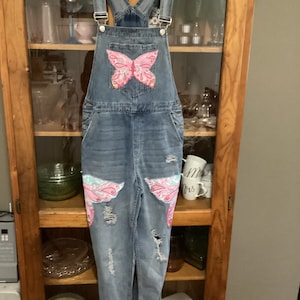 Upcycled denim overalls, womens overalls, magnolia overalls, denim blue appliquéd overalls, AU Size 8, US size 4, free shipping