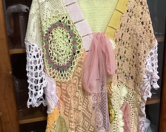 Multicolour pastel Magnolia Rose patchwork crochet long jacket, fits bust up to 56”, plus size , free shipping