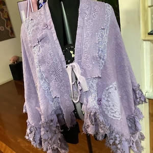Lavender magnolia rose art to wear cotton jacket, lots of ruffles, beaded trims, fits bust 56-66 inches, free shipping