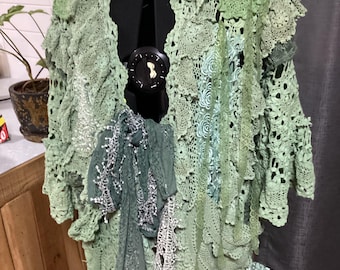 Gorgeous Mid green crochet and tape work duster, Magnolia Rose  ruffled beaded, hand dyed jacket, up to 56” bust, free shipping