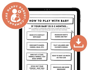 May include: A digital illustration on a tablet screen with the text "How to Play with Baby" and a list of activities for babies 0-2 months old. The activities include making eye contact, kissing baby's hands, singing pat-a-cake, reading to baby, and holding baby skin to skin.