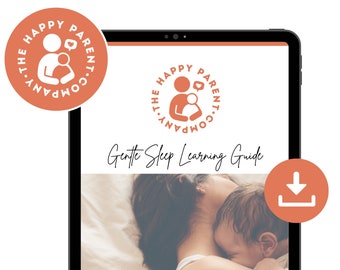 May include: A digital tablet screen displaying a guide for gentle sleep learning. The guide features a photo of a mother and baby sleeping together. The screen also includes the logo for The Happy Parent Company, a download icon, and the text "Gentle Sleep Learning Guide".