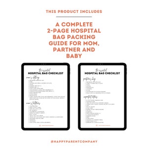 May include: A digital checklist for packing a hospital bag for a new parent. The checklist is divided into two sections: "Mom's Clothing" and "Partner's Bag". The checklist includes items such as pajamas, slippers, toiletries, and phone chargers.